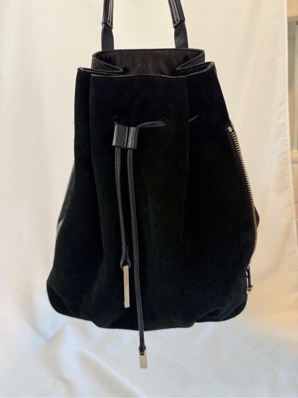 Vintage Halston Heritage Black Leather and Suede Drawstring Bucket Tote